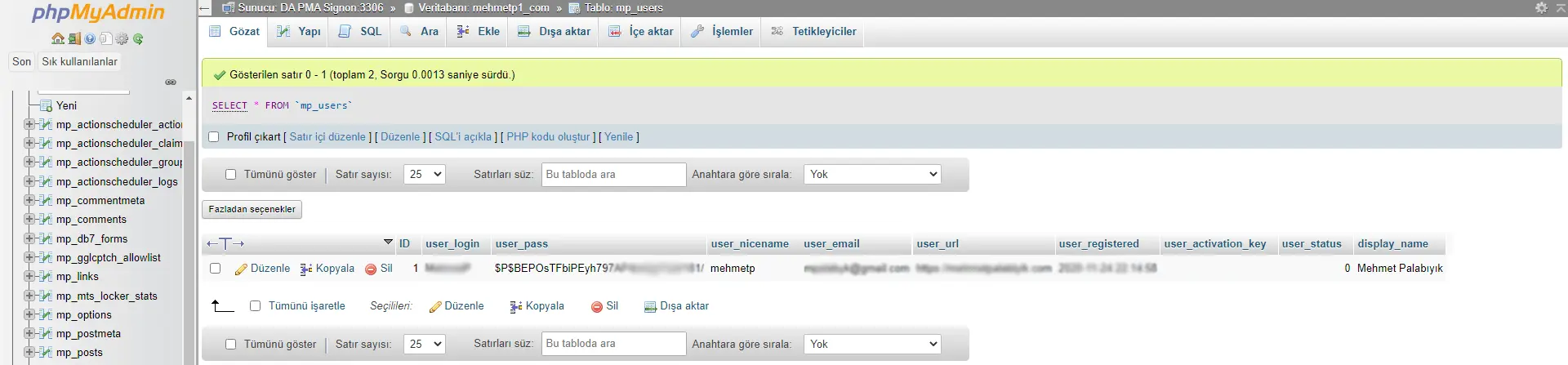 Wordperss PHP My Admin Şifre Nasil Sifirlanir?